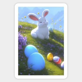 Fluffy Easterbunny with eggs on a hill Sticker